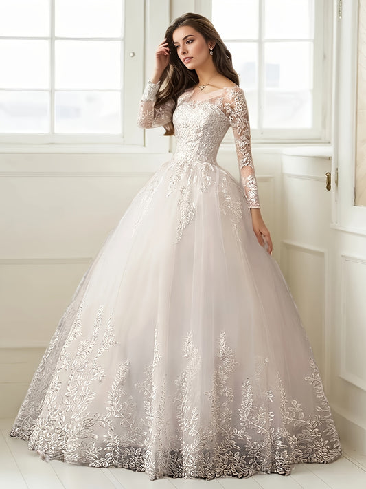 One-Piece Women's Off-Shoulder Light Luxury A-Line Wedding Dress, Fine Contrast Lace Embroidery, Elegant and Graceful Party Wear