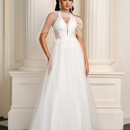 CANDYCE LEA Elegant Halter Neck Mermaid Wedding Dress with Deep V-Neck, Lace Embroidery & Tulle Skirt - Long Sleeveless A-Line Formal Gown for Bridal Ceremonies, Wedding Dresses for Bride, Ceremonial Attire, Sophisticated Craftsmanship