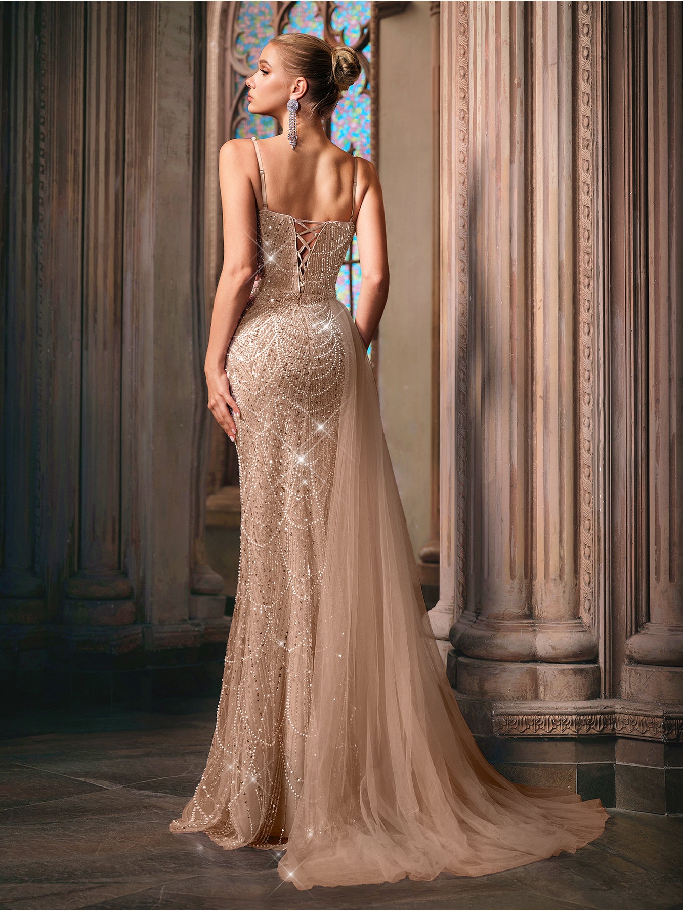 QOQ Elegant Beige Mermaid Evening Gown with Sparkling Beadwork & Train - Sleeveless, Bodycon Design for Weddings, Prom, Parties, Formal Events, Wedding Guest Attire, Sophisticated Craftsmanship