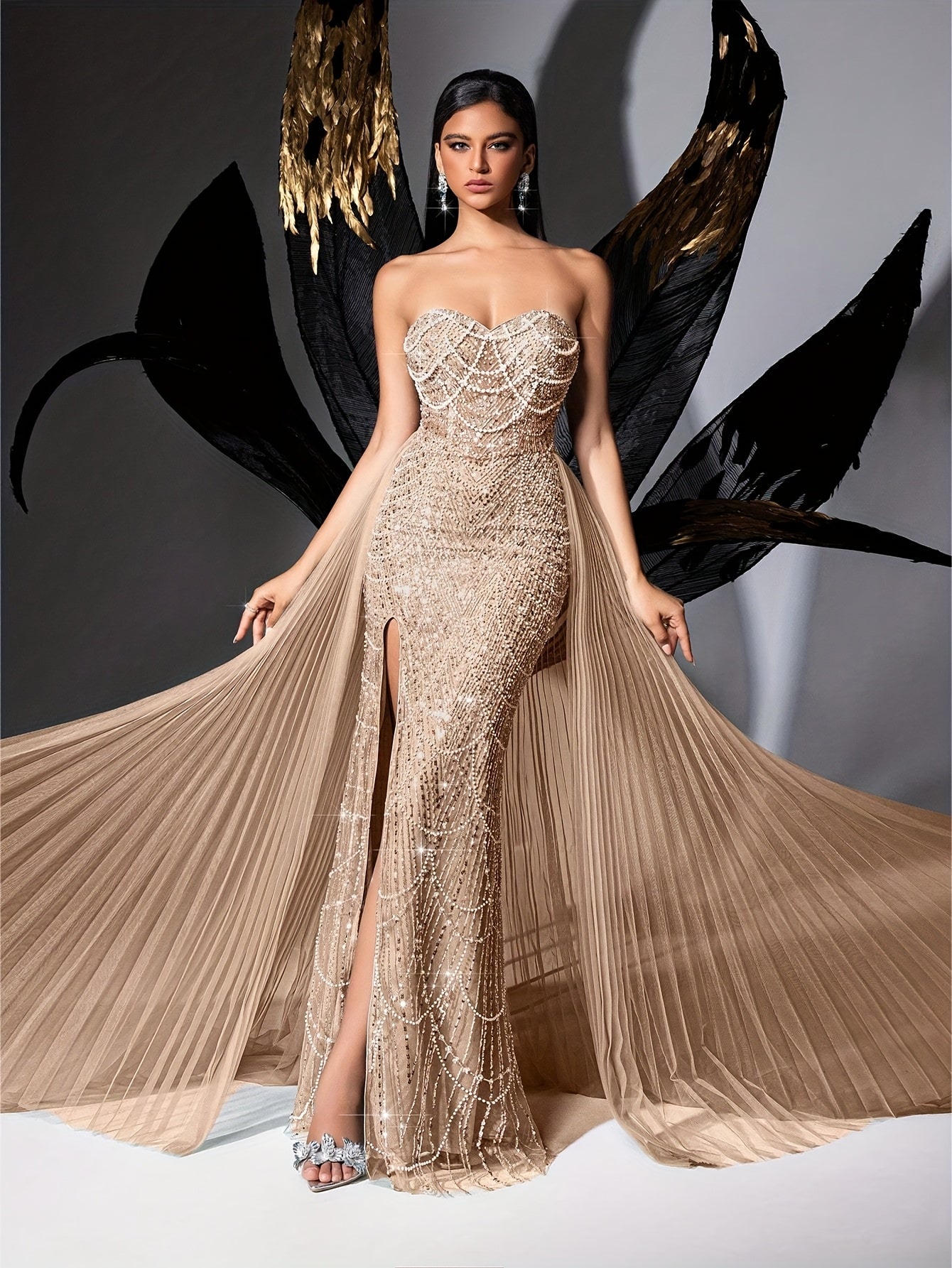QOQ Women'S Elegant Strapless Beaded Mermaid Gown with High Slit & Backless Design - Mint Green Floor-Length Evening Dress for Weddings, Prom, Formal Events, Wedding Guest Attire, Sophisticated Craftsmanship