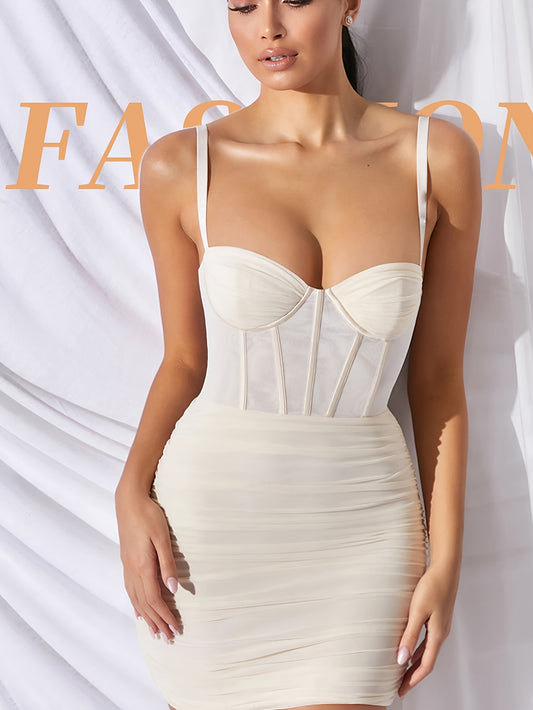 Chic Beige, Ruch Mini Dress Chic Beige Ruch Bodycon Mini Dress - Elegant V-Neck Off-Shoulder Long Dress for Women, Polyester Fabric, Perfect for Prom Night & Special Occasions