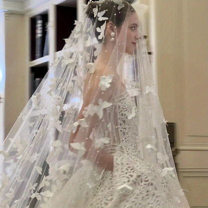 Elegant White Butterfly Lace Bridal Veil with Pearl Embellishments - Long Train Cathedral Wedding Gown for Brides, Bohemian Forest Luxury Bridal Accessories, Wedding Dresses for Bride, Sophisticated Craftsmanship