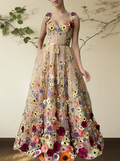 Elegant Floral Dress Elegant and Fashionable Floral Embroidery Belted Dress, Romantic Formal Dress
