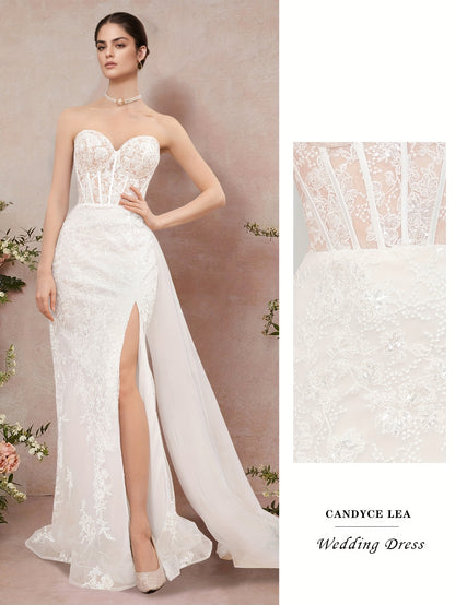 Candyce Lea Heart-Shaped Strapless Sequin Embroidered Wedding Dress with High-Low Hem & Train - Elegant Long Formal Gown for Weddings, Galas, Proms, Wedding Dresses for Bride, Wedding Guest Attire, Sophisticated Craftsmanship