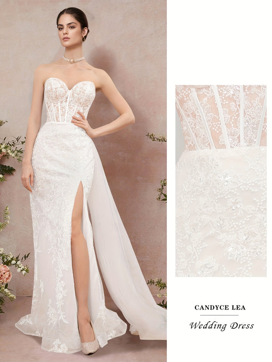 Candyce Lea Heart-Shaped Strapless Sequin Embroidered Wedding Dress with High-Low Hem & Train - Elegant Long Formal Gown for Weddings, Galas, Proms, Wedding Dresses for Bride, Wedding Guest Attire, Sophisticated Craftsmanship