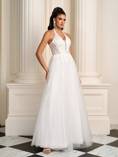 CANDYCE LEA Elegant Halter Neck Mermaid Wedding Dress with Deep V-Neck, Lace Embroidery & Tulle Skirt - Long Sleeveless A-Line Formal Gown for Bridal Ceremonies, Wedding Dresses for Bride, Ceremonial Attire, Sophisticated Craftsmanship