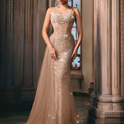 QOQ Elegant Beige Mermaid Evening Gown with Sparkling Beadwork & Train - Sleeveless, Bodycon Design for Weddings, Prom, Parties, Formal Events, Wedding Guest Attire, Sophisticated Craftsmanship