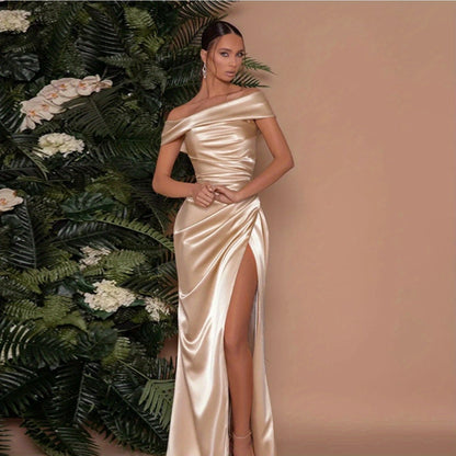Elegant Off-Shoulder Red Gown Elegant Off-Shoulder Red Gown with High Slit - Sleeveless, Form-Fitting, Perfect for Weddings, Parties, and Formal Events, Formal Event Attire|Sleek Fitted Gown|Asymmetrical Neckline, Dress