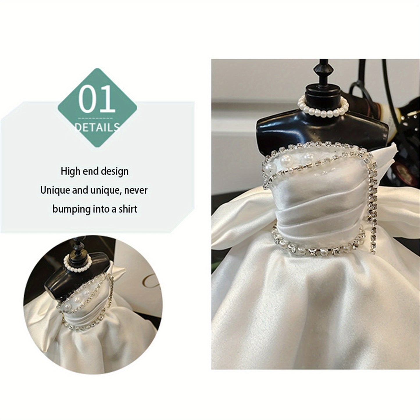 Wedding White Satin Dress Model with Veil and Pearl Necklace and Greeting Card Rhinestone Decor Clothes