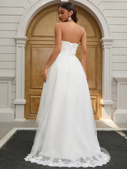 Women's Elegant Strapless bridal wedding gown - Flattering Formal party dress with Floral train, A-Line silhouette for Bridal, Prom, Galas - White Ballgown, Evening Wear, Asymmetrical Hemline, Highquality Fabric, Prom Attendees