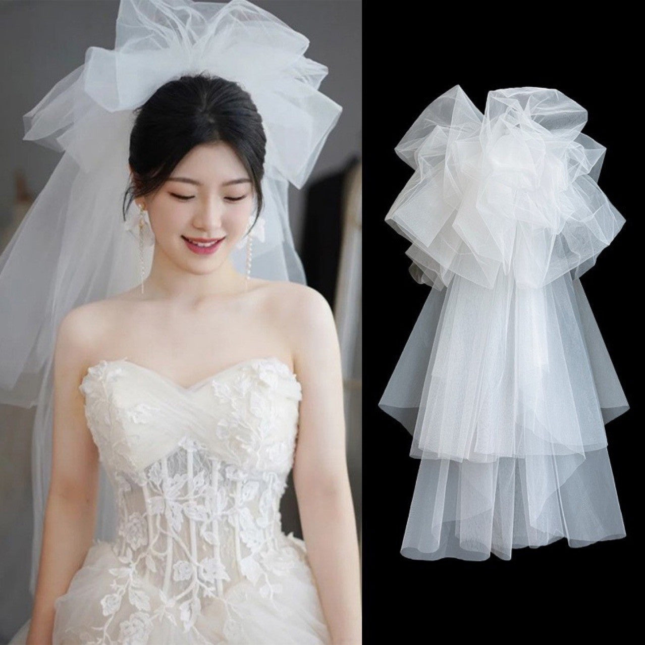 Elegant Korean-Style Wedding Dress with Fluffy Veil - White Lace & Tulle Bridal Gown, Ruffled Sleeves, and Floral Embellishments for Weddings, Photo Shoots, and Formal Events, Wedding Dresses for Bride, Event Elegance, Sophisticated Craftsmanship
