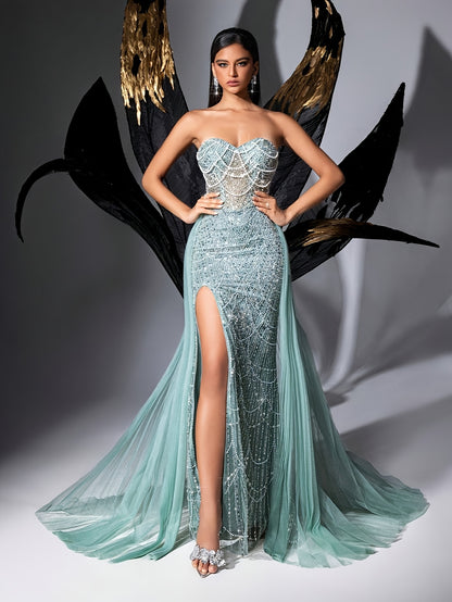 QOQ Women'S Bandeau Beaded Mesh Stitched Dress Mint Green Back Lace Zipper Hip High Slit Ladies Bridesmaid Dress Prom Dress