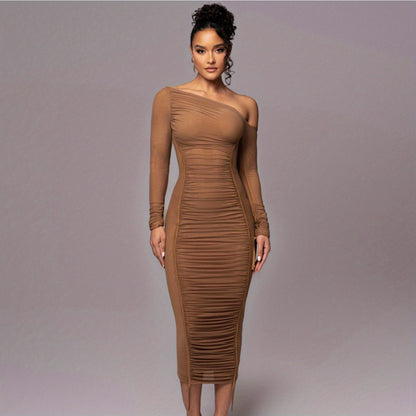 Asymmetric Neckline Diagonal Neckline Long Sleeve High Waist Empire Waist Mesh Overlay Tulle Dress Bridesmaid Dress Date Night Dress Elegance Sophistication Sexy Alluring Intelligent Refined Polished Office Wear Work Attire Fall Winter Wedding Guests
