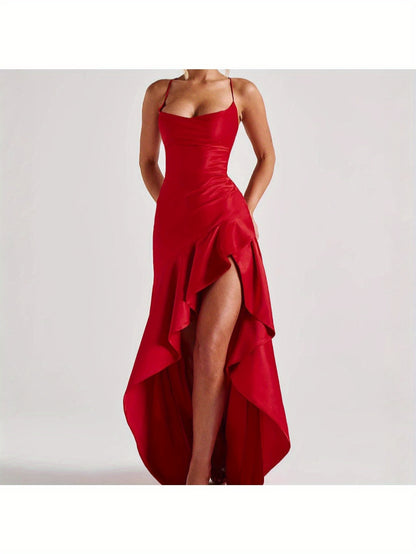 Elegant Black Bodycon Evening Gown with Asymmetrical Ruffle Hem and Spaghetti Straps - Backless V-Neck Long Formal Dress for Weddings, Special Occasions, Bridesmaid Parties, and Holiday Celebrations, Wedding Guest Attire | Asymmetrical Hemline | Ruched De