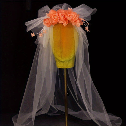 Elegant Korean-Inspired Pink Floral Bridal Veil with Tulle Skirt - Handmade Yarn for Weddings, Parties & Formal Events, Wedding Dress Accessory, Delicate Craftsmanship