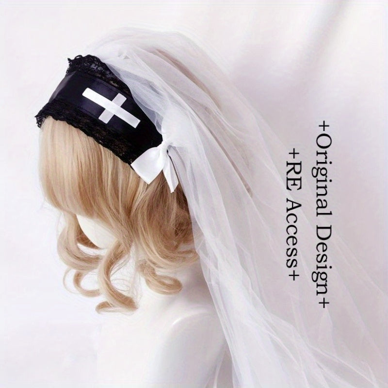 Handmade Original Dark Night Virgin Church Cross Embroidered Rhinestone Shawl Veil