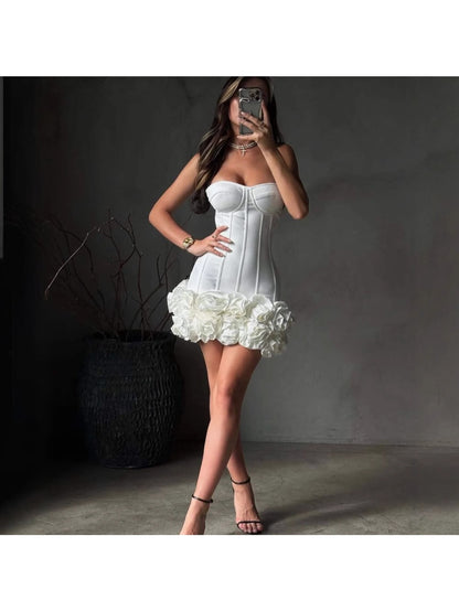Women's Elegant 3D Handmade Floral Bandage Corset Mermaid\u002FTrumpet Mini Dress with Ruffled Hem & Long Sleeve\u002FStrapless Neckline - Structured Bustier Gown for Red Carpet, Cocktail Parties, Bridal Events - Spring\u002FAutumn Formal Evening Dress in