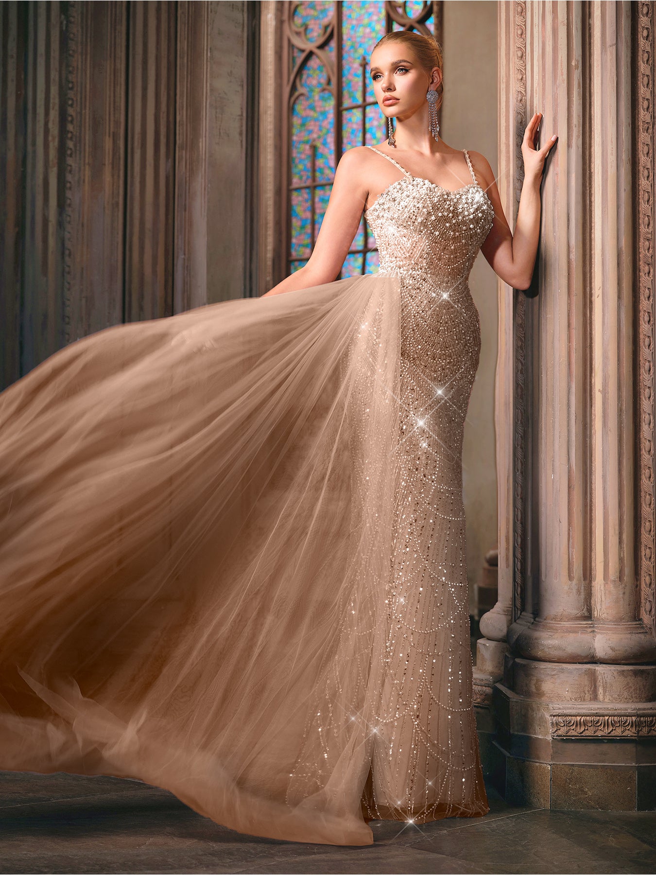 QOQ Elegant Beige Mermaid Evening Gown with Sparkling Beadwork & Train - Sleeveless, Bodycon Design for Weddings, Prom, Parties, Formal Events, Wedding Guest Attire, Sophisticated Craftsmanship
