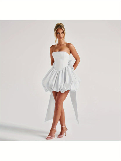 Elegant Off-Shoulder Ruffle Mini Dress with Large Bow Detail - Sleeveless, High-Low Hemline, Perfect for Weddings, Parties, and Formal Events, Formal Event Attire|Ruffle Detail Dress|Polyester Fabric