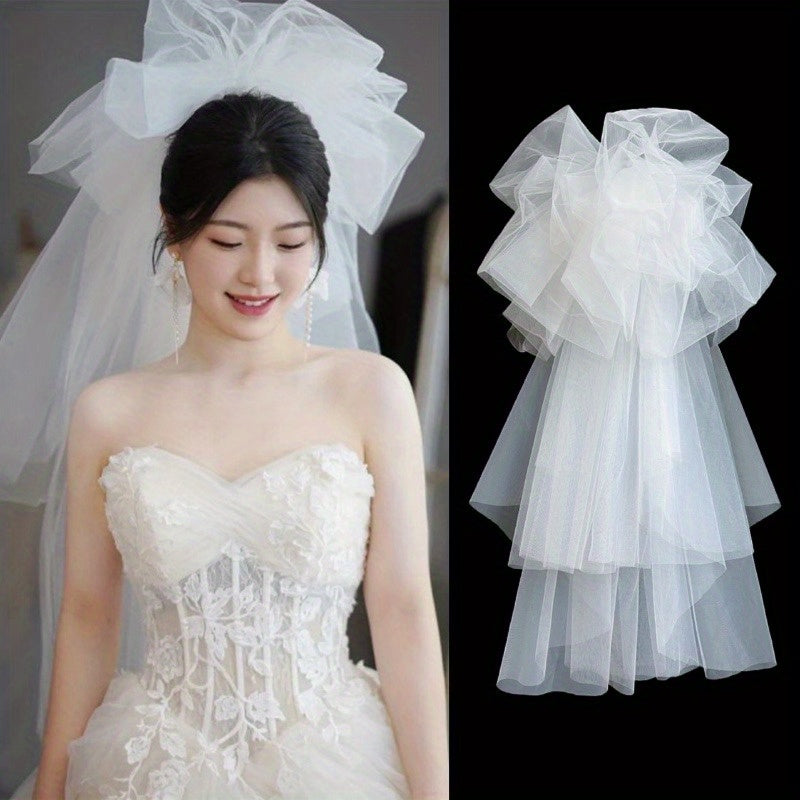 Elegant Korean-Style Wedding Dress with Fluffy Veil - White Lace & Tulle Bridal Gown, Ruffled Sleeves, and Floral Embellishments for Weddings, Photo Shoots, and Formal Events, Wedding Dresses for Bride, Event Elegance, Sophisticated Craftsmanship