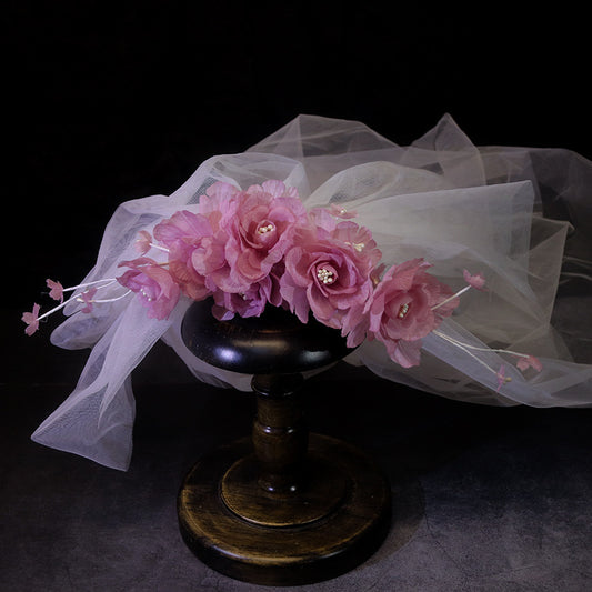 Elegant Korean-Inspired Pink Floral Bridal Veil with Tulle Skirt - Handmade Yarn for Weddings, Parties & Formal Events, Wedding Dress Accessory, Delicate Craftsmanship