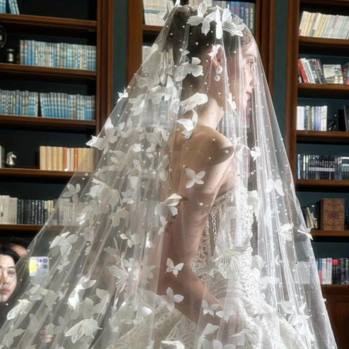 Elegant White Butterfly Lace Bridal Veil with Pearl Embellishments - Long Train Cathedral Wedding Gown for Brides, Bohemian Forest Luxury Bridal Accessories, Wedding Dresses for Bride, Sophisticated Craftsmanship