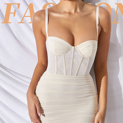 Chic Beige, Ruch Mini Dress Chic Beige Ruch Bodycon Mini Dress - Elegant V-Neck Off-Shoulder Long Dress for Women, Polyester Fabric, Perfect for Prom Night & Special Occasions