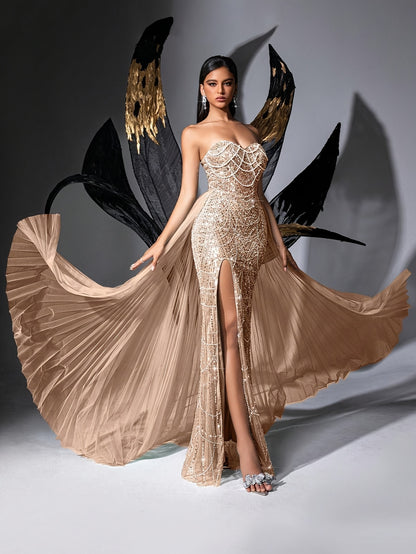QOQ Women'S Elegant Strapless Beaded Mermaid Gown with High Slit & Backless Design - Mint Green Floor-Length Evening Dress for Weddings, Prom, Formal Events, Wedding Guest Attire, Sophisticated Craftsmanship