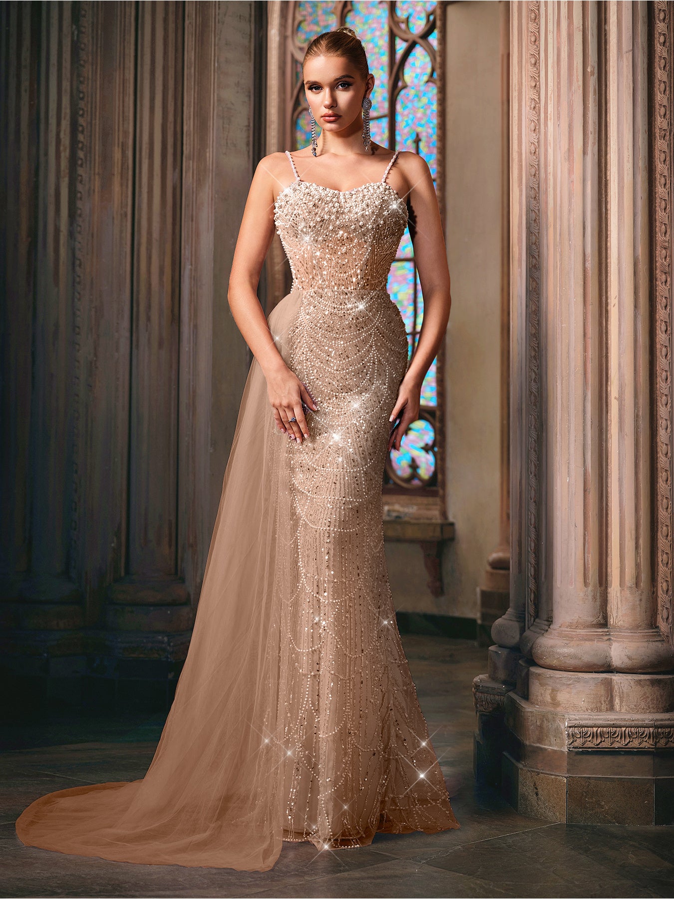 QOQ Elegant Beige Mermaid Evening Gown with Sparkling Beadwork & Train - Sleeveless, Bodycon Design for Weddings, Prom, Parties, Formal Events, Wedding Guest Attire, Sophisticated Craftsmanship