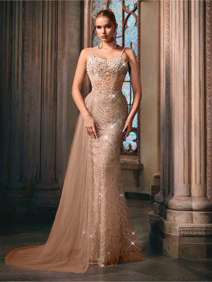 QOQ Elegant Beige Mermaid Evening Gown with Sparkling Beadwork & Train - Sleeveless, Bodycon Design for Weddings, Prom, Parties, Formal Events, Wedding Guest Attire, Sophisticated Craftsmanship