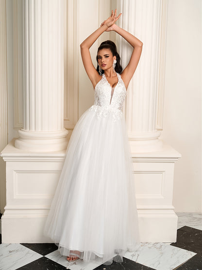 CANDYCE LEA Elegant Halter Neck Mermaid Wedding Dress with Deep V-Neck, Lace Embroidery & Tulle Skirt - Long Sleeveless A-Line Formal Gown for Bridal Ceremonies, Wedding Dresses for Bride, Ceremonial Attire, Sophisticated Craftsmanship